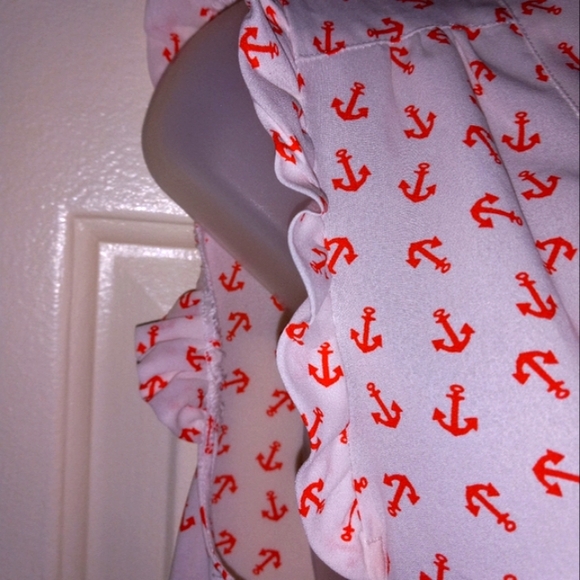Eyeshadow Women's Sz Small Anchors White Red Ruffles Sleeveless Nautical Boating - Picture 10 of 16